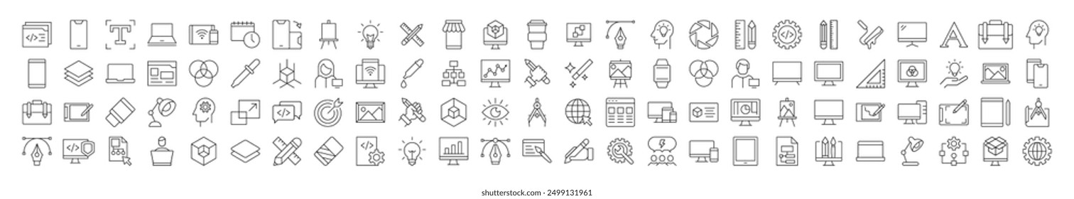Line Signs of programming, coding, web design, engineering for Adverts. Suitable for books, stores, shops. Editable stroke in minimalistic outline style. Symbol for design 
