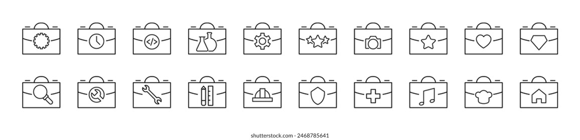 Line Signs of suitcase, briefcase, portfolio for Advertisement. Suitable for books, stores, shops. Editable stroke in minimalistic outline style. Symbol for design 