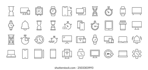 Line Signs of timer, clock, computer, phone, smartwatch for Adverts. Suitable for books, stores, shops. Editable stroke in minimalistic outline style. Symbol for design