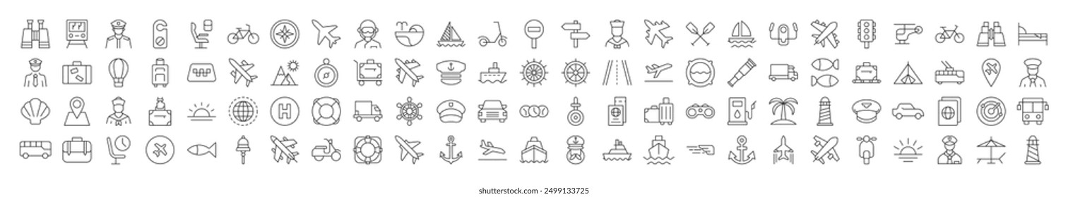 Line Signs of tourism, travel, vacation, aviation for Advertisement. Suitable for books, stores, shops. Editable stroke in minimalistic outline style. Symbol for design