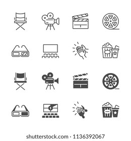 Line and silhouette cinema, movie icons set linear art style. Vector illustration