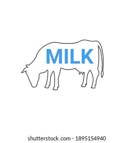 line silhouette of cow with blue text milk. Creative logo for branding, t shirt, banner. Hand drawning design. Vector illustration.