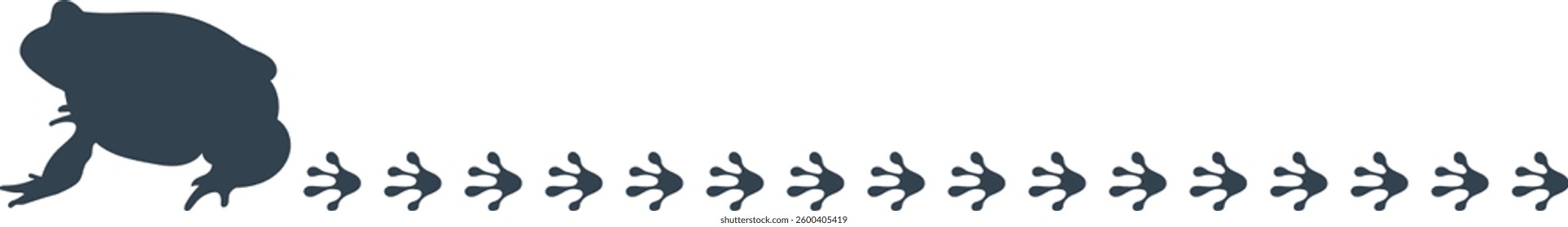Line silhouette of a frog walking with footprints