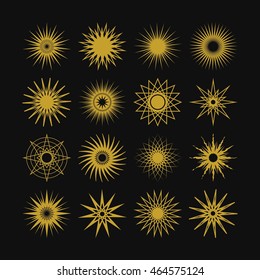 Line and silhouette geometrical polygram golden stars icons set on black background