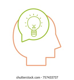 line silhouette man with bulb idea inside chat bubble