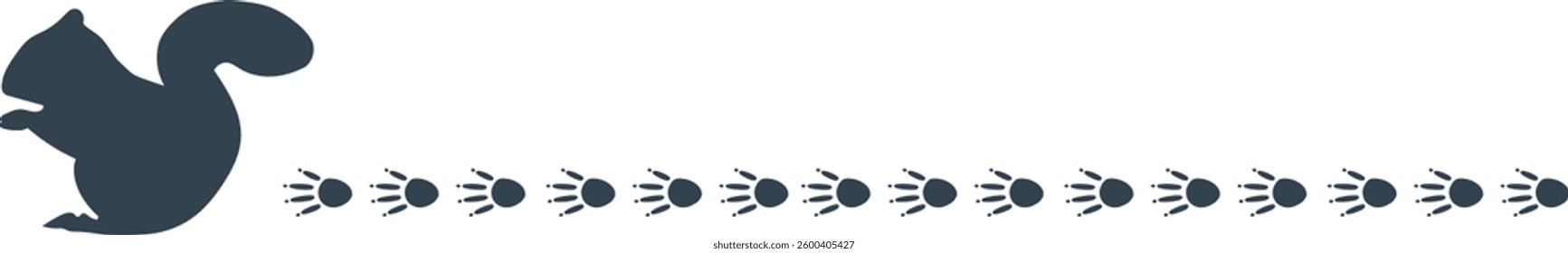 Line silhouette of a squirrel walking with footprints