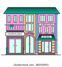 Line silhouette street. City landscape facade. The shops. Fashion Store. Cartoon building. Contour illustration with stores. Vector house.