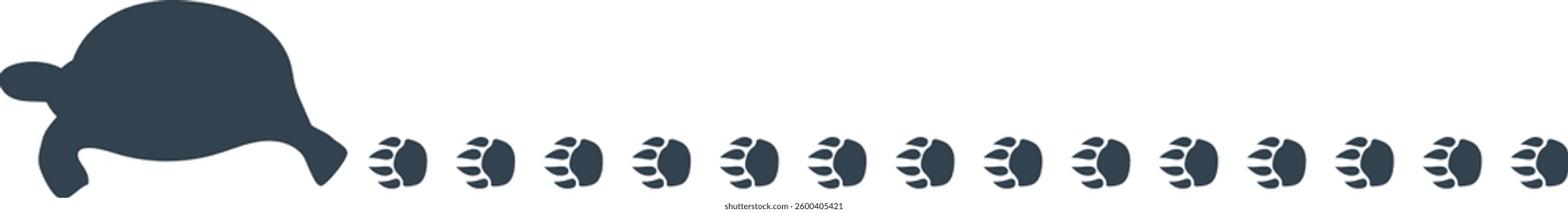 Line silhouette of a turtle walking with footprints