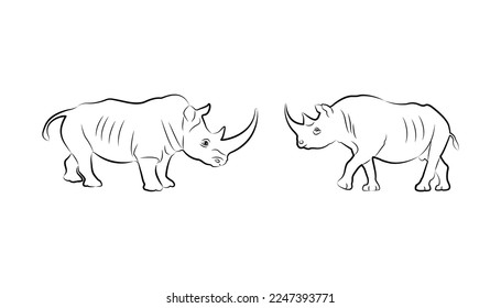 Line silhouette vector illustration of two rhinos. Rhino is about to fight. For logo. Rhino Vector.