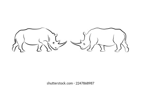 Line Silhouette Vektorgrafik von zwei Rhinos. Rhino ist im Begriff zu kämpfen. Für Logo. Rhino Vector.