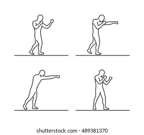 Line silhouettes of boxing. Vector set of linear boxer figures.