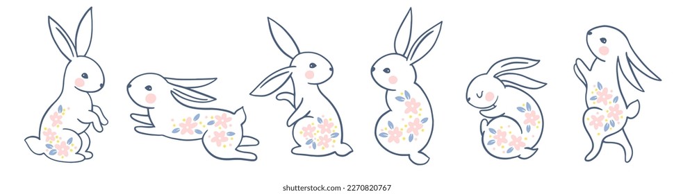 A line of silhouettes of a bunny rabbit set in a vector painted with pink flowers. Monochrome linocut on a white background. Hand-drawn cartoon illustration of cute forest character