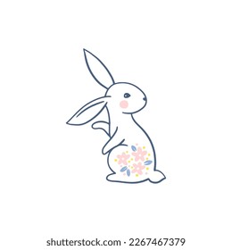 A line of silhouettes of a bunny rabbit in a vector painted with pink flowers. Monochrome linocut on a white background. Hand-drawn cartoon illustration of cute forest character