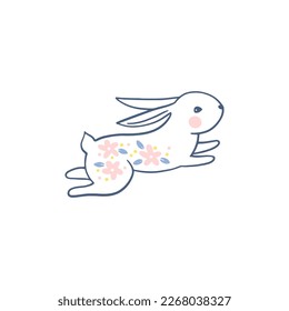 A line of silhouettes of a bunny rabbit in a vector painted with pink flowers. Monochrome linocut on a white background. Hand-drawn cartoon illustration of cute forest character