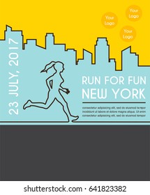 Line silhouettes of female runner. Running marathon, poster design. Vector illustration
