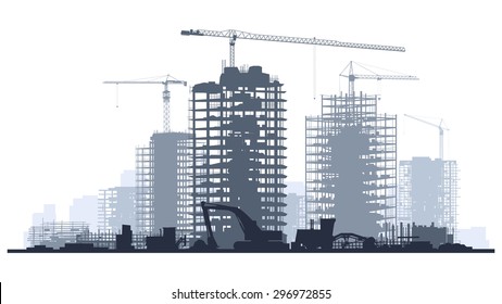 Line of silhouettes illustration of construction site with cranes and skyscraper with tractors, bulldozers, excavators and grader in blue tone.