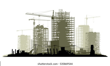 Line of silhouettes illustration of construction site with cranes and skyscraper with tractors, bulldozers, excavators and grader in green tone.