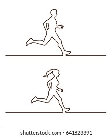 Line silhouettes of runners. Vector illustration set of linear runners figures