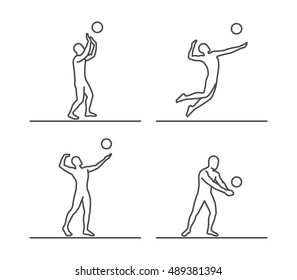 Line silhouettes of volleyball. Vector set of linear volleyball players figures.
