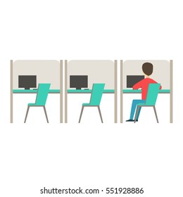 Line Of Similar Cubicles With One Person At Work, Coworking In Informal Atmosphere In Modern Design Office Infographic Illustration