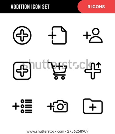 Line Simple Addition Icon Set With Add Symbol and Plus Sign