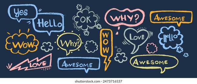 Line simple balloon frame with text title. Line decoration simple speech bubble set with comic cloud, balloon, arrow element. Hand drawn doodle sketch style. Vector illustration.