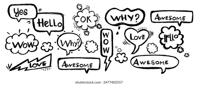 Line simple balloon frame with text title. Line decoration simple speech bubble set with comic cloud, balloon, arrow element. Hand drawn doodle sketch style. Vector illustration.