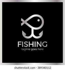 Line Simple Fishing Two Anchor Logo. Luxury, royal metal silver