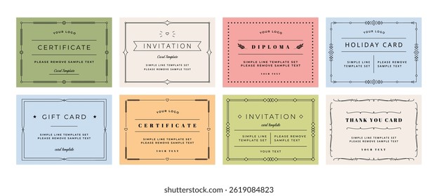 Line simple frames. Minimalist certificate template in classic elegance style, simple ornament on borders, gift card and diploma, invitation modern design. Vector set.