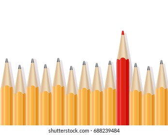 Line of simple pencils and one red pencil. Standing out of the crowd, being special, success concept. Realistic pencil border. Graphic element for flyer, poster, school invitation. Vector illustration