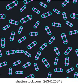 Line Skateboard icon isolated seamless pattern on black background. Extreme sport. Sport equipment.  Vector