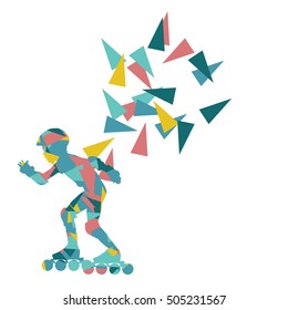 In line skating vector background abstract illustration made with polygon fragments isolated on white