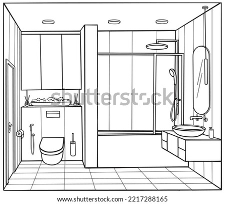 Line sketch bathroom interior design. Vector outline drawing home washroom and ceramic wall-hung toilet and sink. Perspective room furniture and light and plumbing.