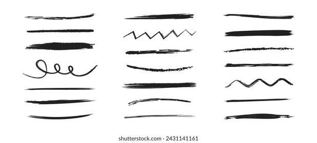 Line sketch, brush stroke, charcoal scribble, chalk drawn underline, pencil mark, crayon and pen marker, graffiti paint doodle vector icon set, grunge effect. Drawing kids ink illustration