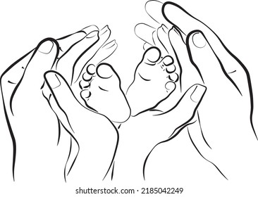 Line sketch of children's legs in the hands of mother and father; The concept of happy family motherhood; Hand drawn illustration.