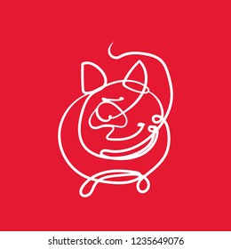 line sketch of christmas pig on red background