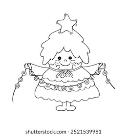 Boceto de línea, coloración de un árbol de Navidad con una guirnalda. Gráficos de Vector.
