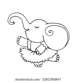 Line sketch, coloring of a cute baby elephant ballerina.Vector graphics.