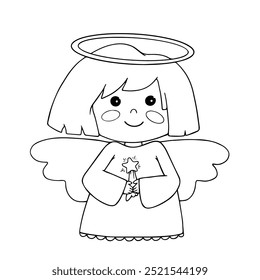 Esboço de linha, colorindo bonito anjo de Natal. Gráficos vetoriais.