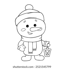 Line sketch, coloring cute Christmas, New Year snowman. Vector graphics.