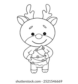 Line sketch, coloring cute Christmas, New Year character deer with a tree. Vector graphics.