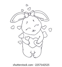 Line sketch, coloring of a cute rabbit catching a heart. Vector graphics.