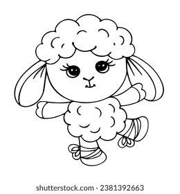 Line sketch, coloring of a cute sheep ballerina.Vector graphics.
