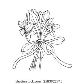 Line sketch, coloring of a festive bouquet with spring flowers of tulips and daffodils. Vector graphics.