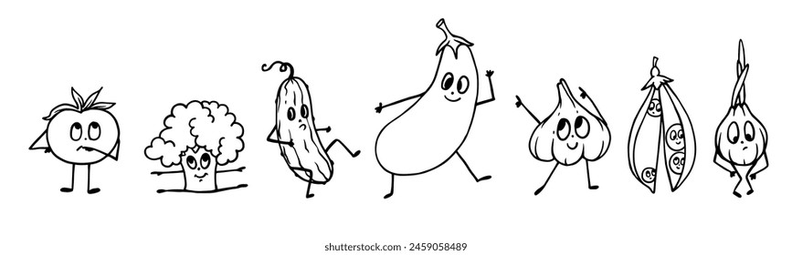 Line sketch, coloring of funny characters from various vegetables and root vegetables. Vector graphics.