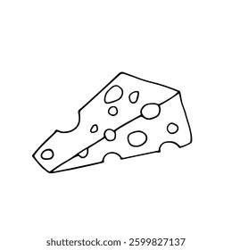 Line sketch, coloring a piece of cheese with holes. Vector graphics.