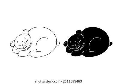 Boceto de línea, coloración, silueta de un pequeño oso durmiente. Gráficos de Vector.