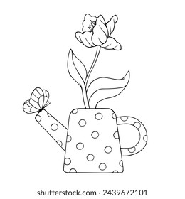 Line sketch, coloring of a spring tulip flower in a vintage garden watering can.Vector graphics.