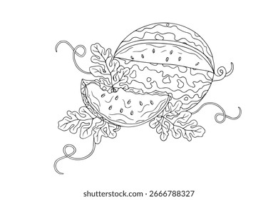 Line sketch, coloring summer compositions of seasonal berries and watermelon pieces. Vector graphics.