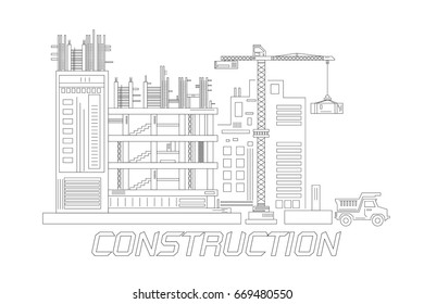 Line sketch construction design, outline of a factory, vector design